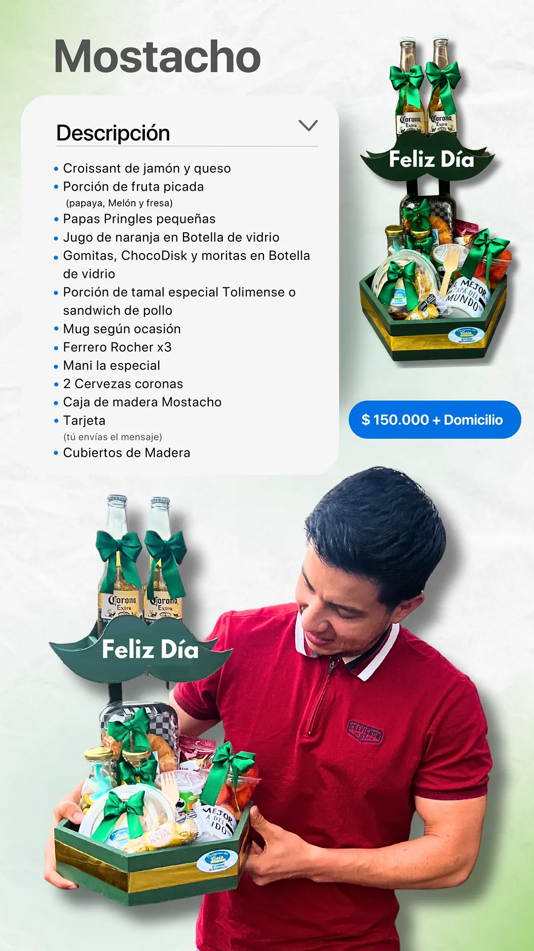 Mostacho: página del catálogo con lo que incluye y foto real
