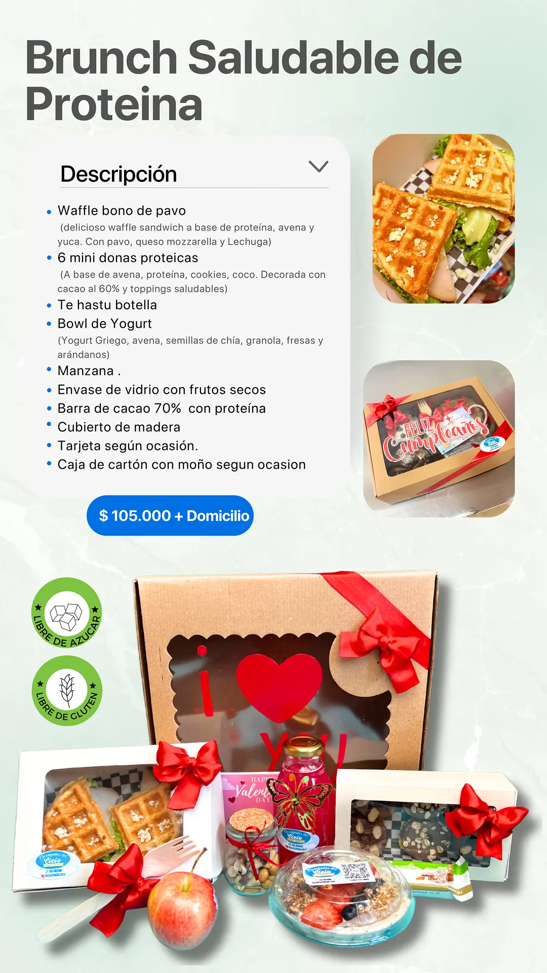 Brunch Saludable de Proteína: página del catálogo con lo que incluye y foto real