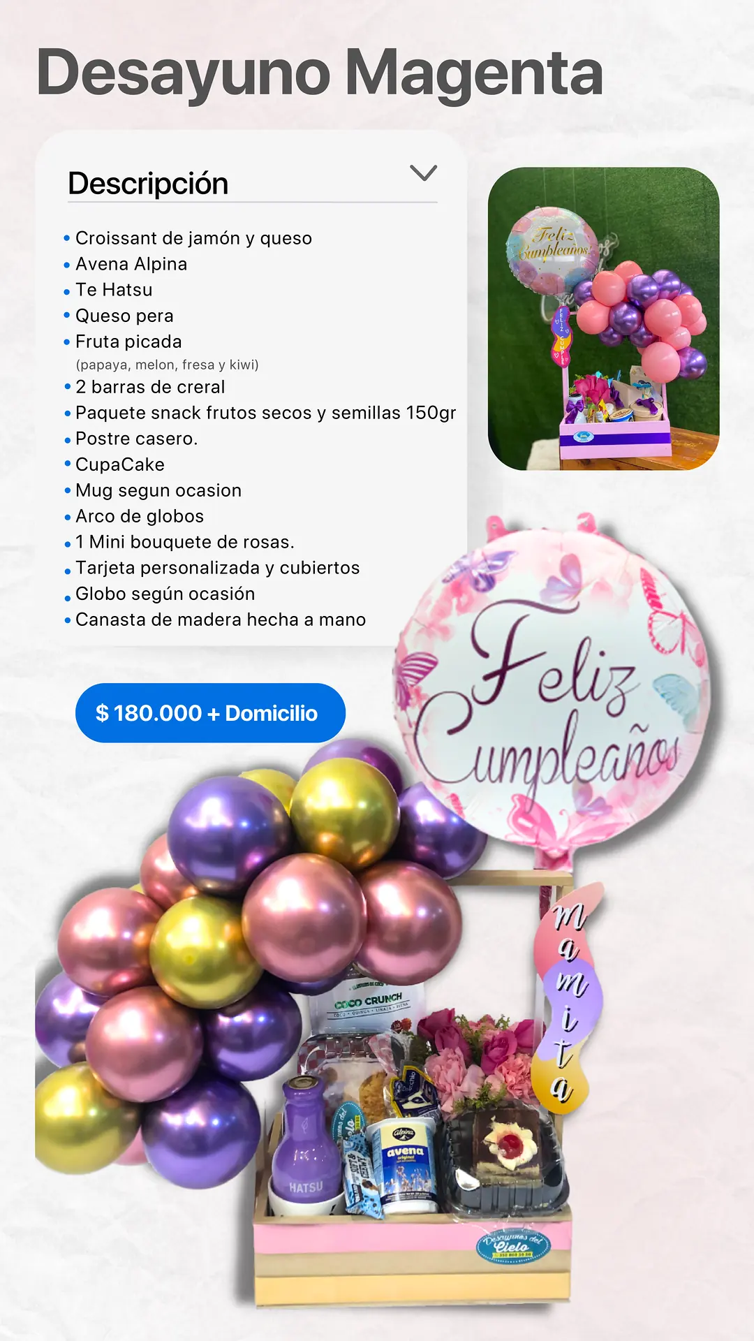 Desayuno Magenta: página del catálogo con lo que incluye y foto real