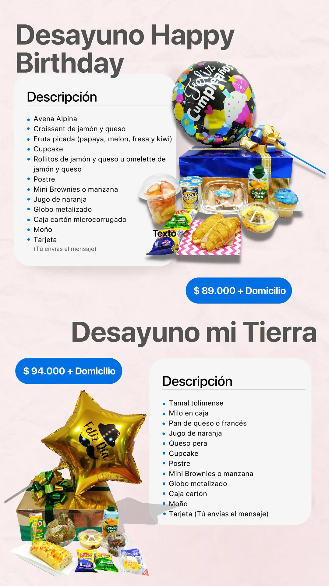 Desayuno Happy Birthday: página del catálogo con lo que incluye y foto real