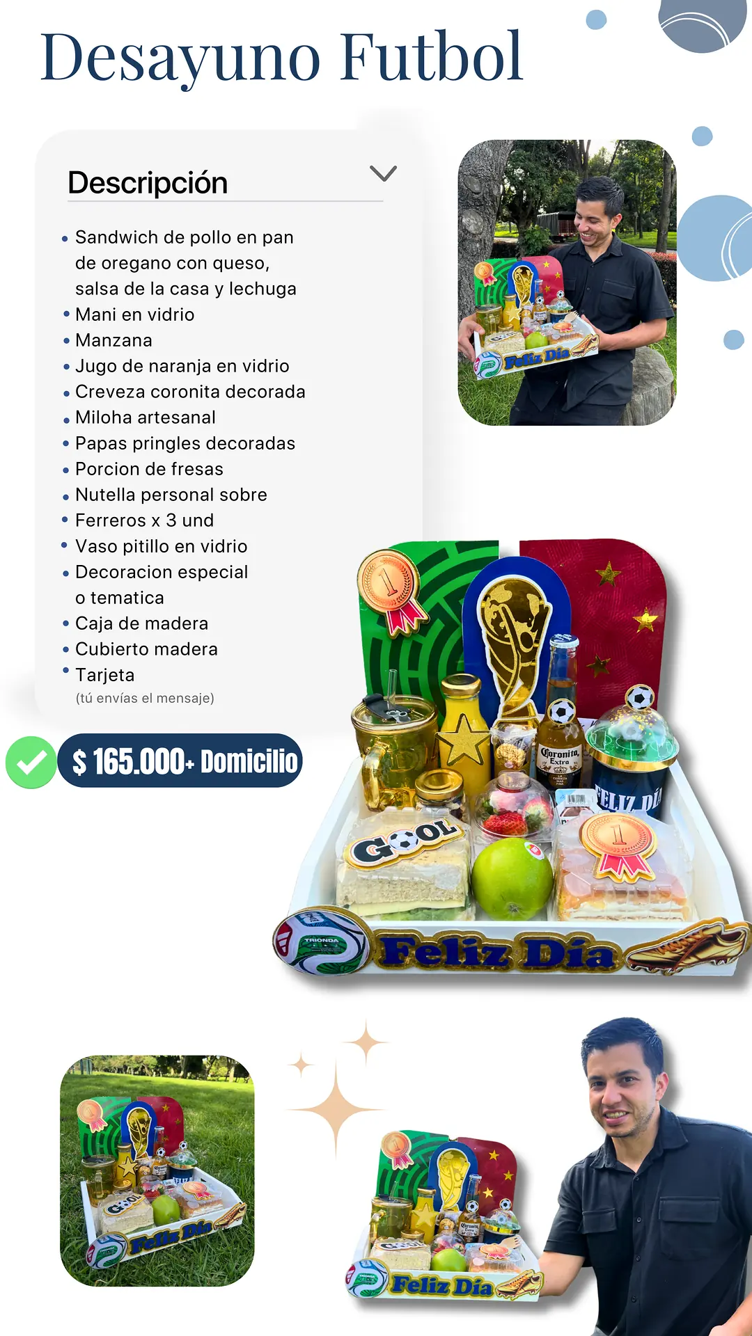 Desayuno Fútbol: página del catálogo con lo que incluye y foto real