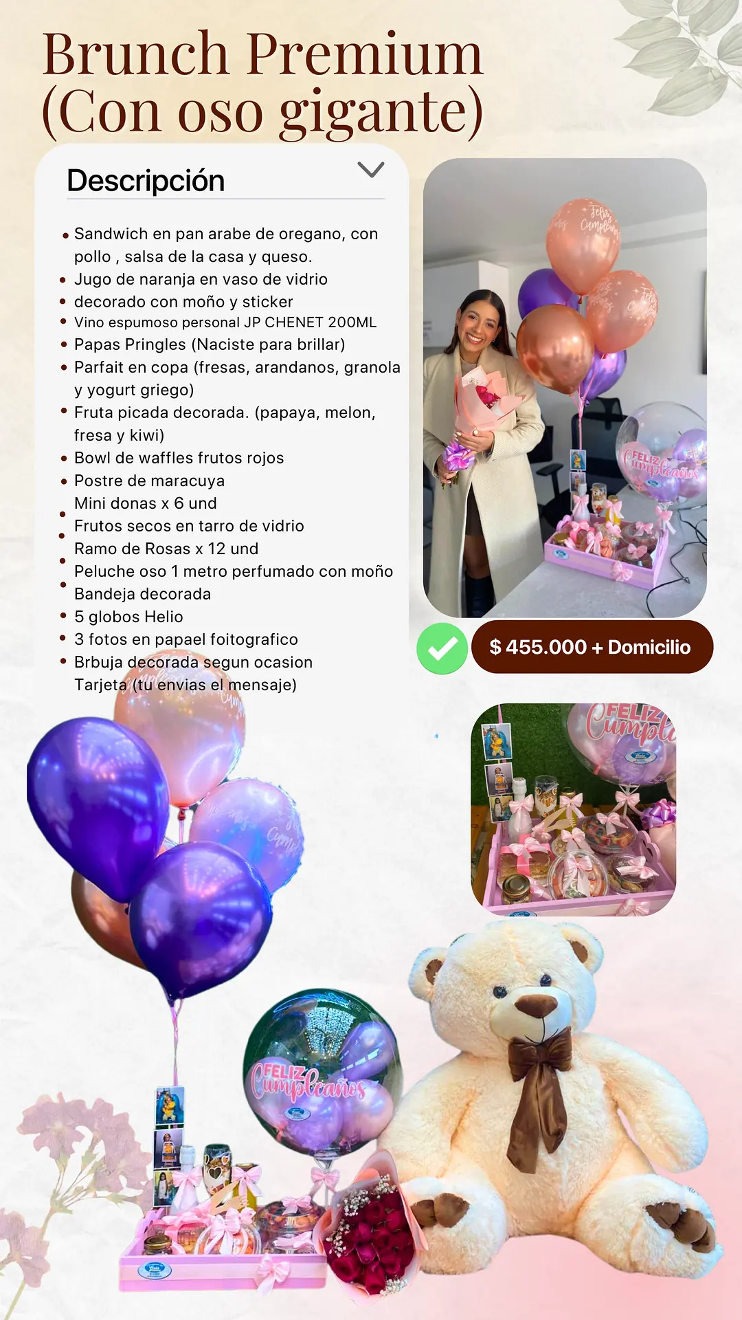 Brunch Premium con oso gigante: página del catálogo con lo que incluye y foto real