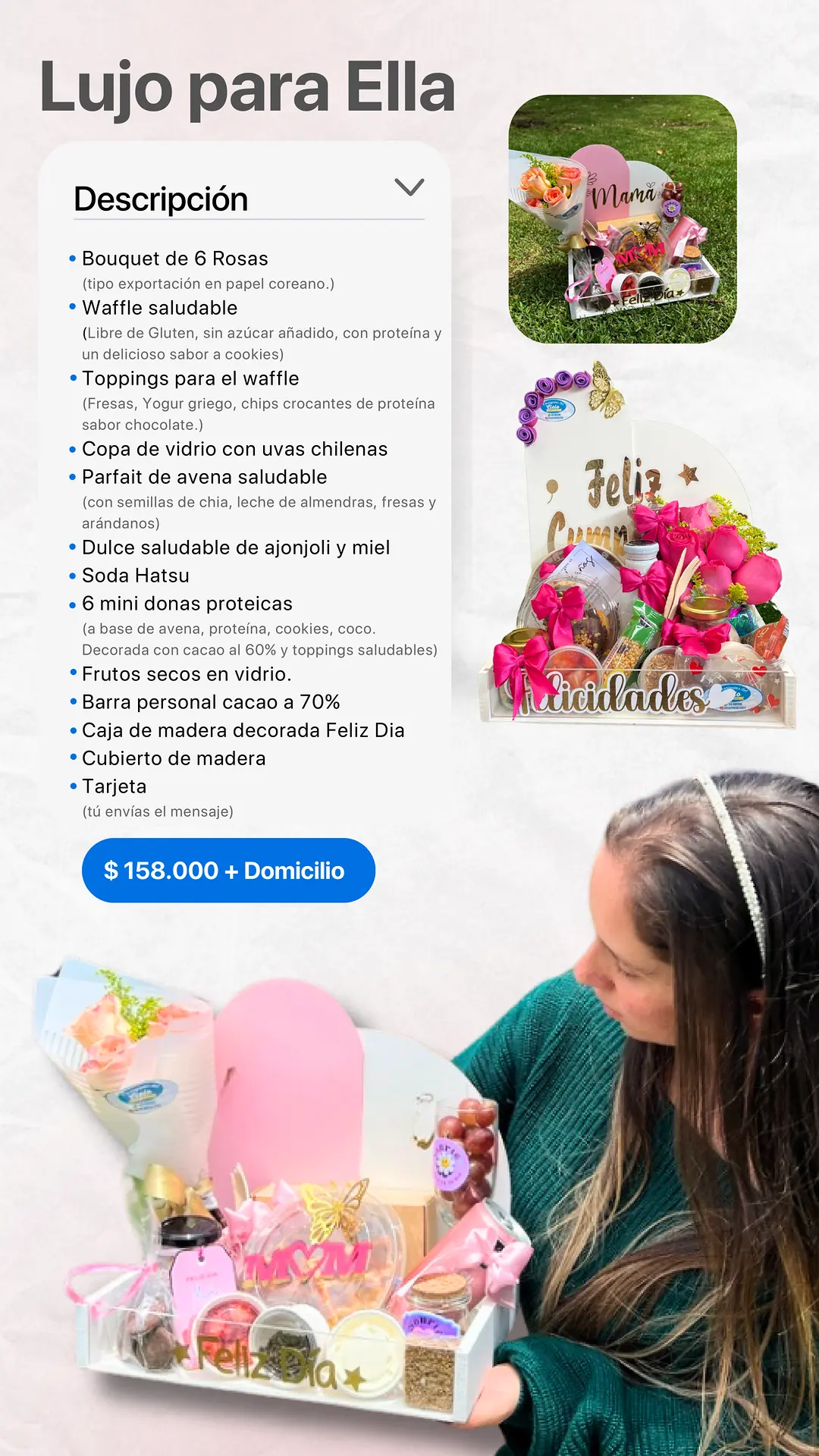 Lujo para Ella: página del catálogo con lo que incluye y foto real