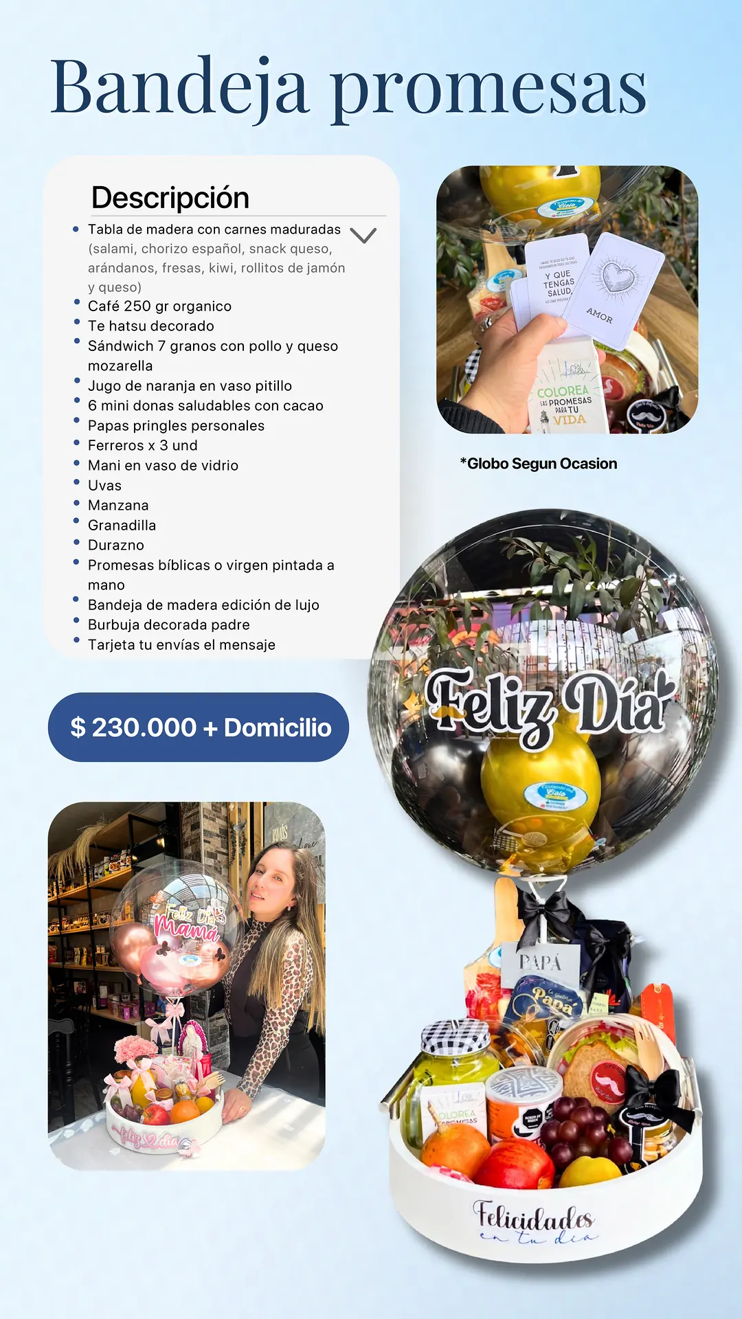 Bandeja Promesas Mujer: página del catálogo con lo que incluye y foto real