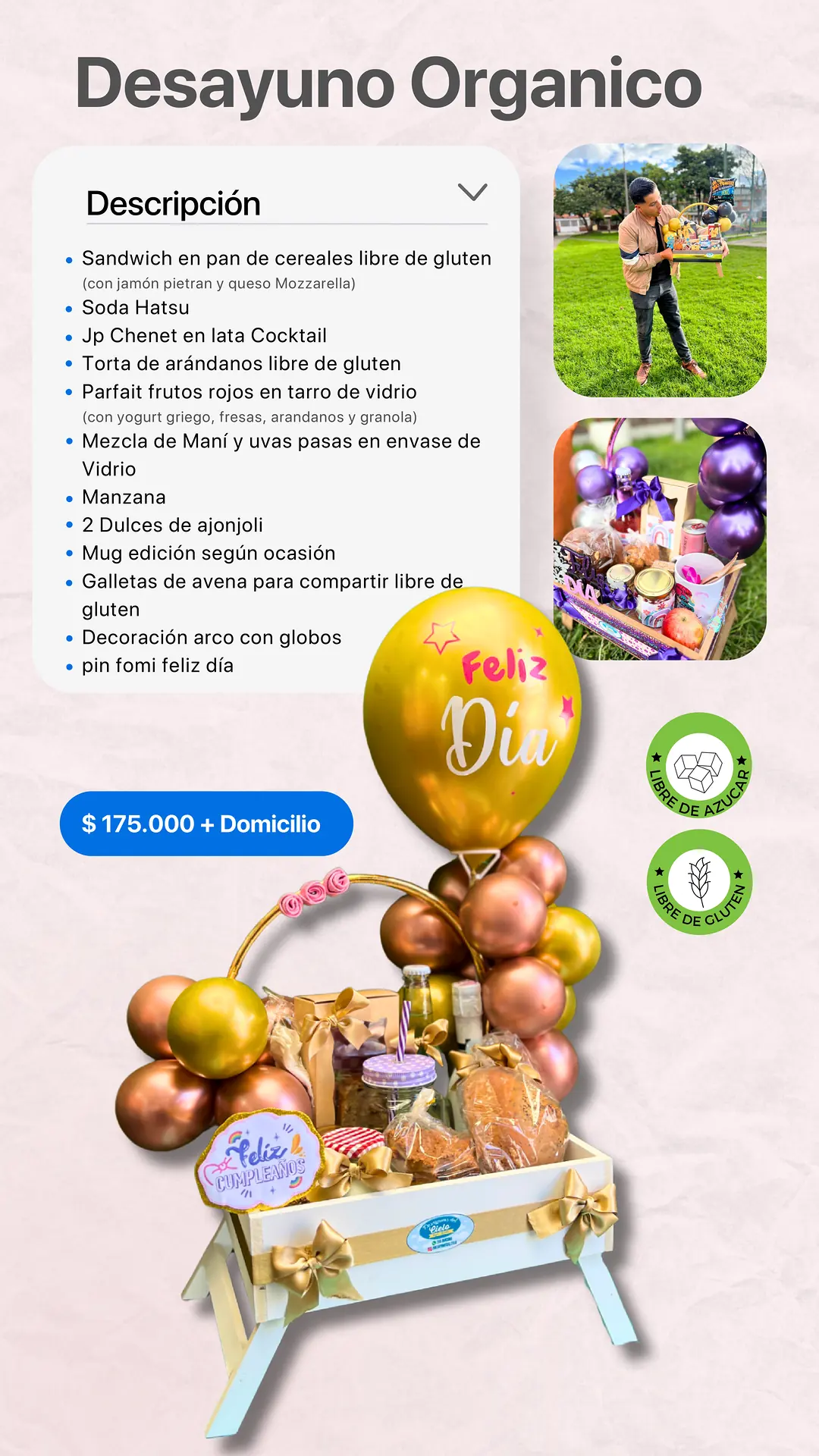 Desayuno Orgánico: página del catálogo con lo que incluye y foto real