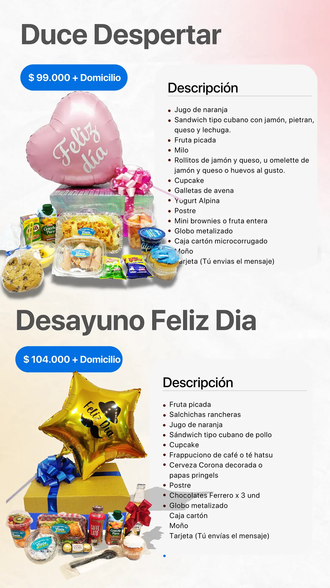 Desayuno Dulce Despertar: página del catálogo con lo que incluye y foto real