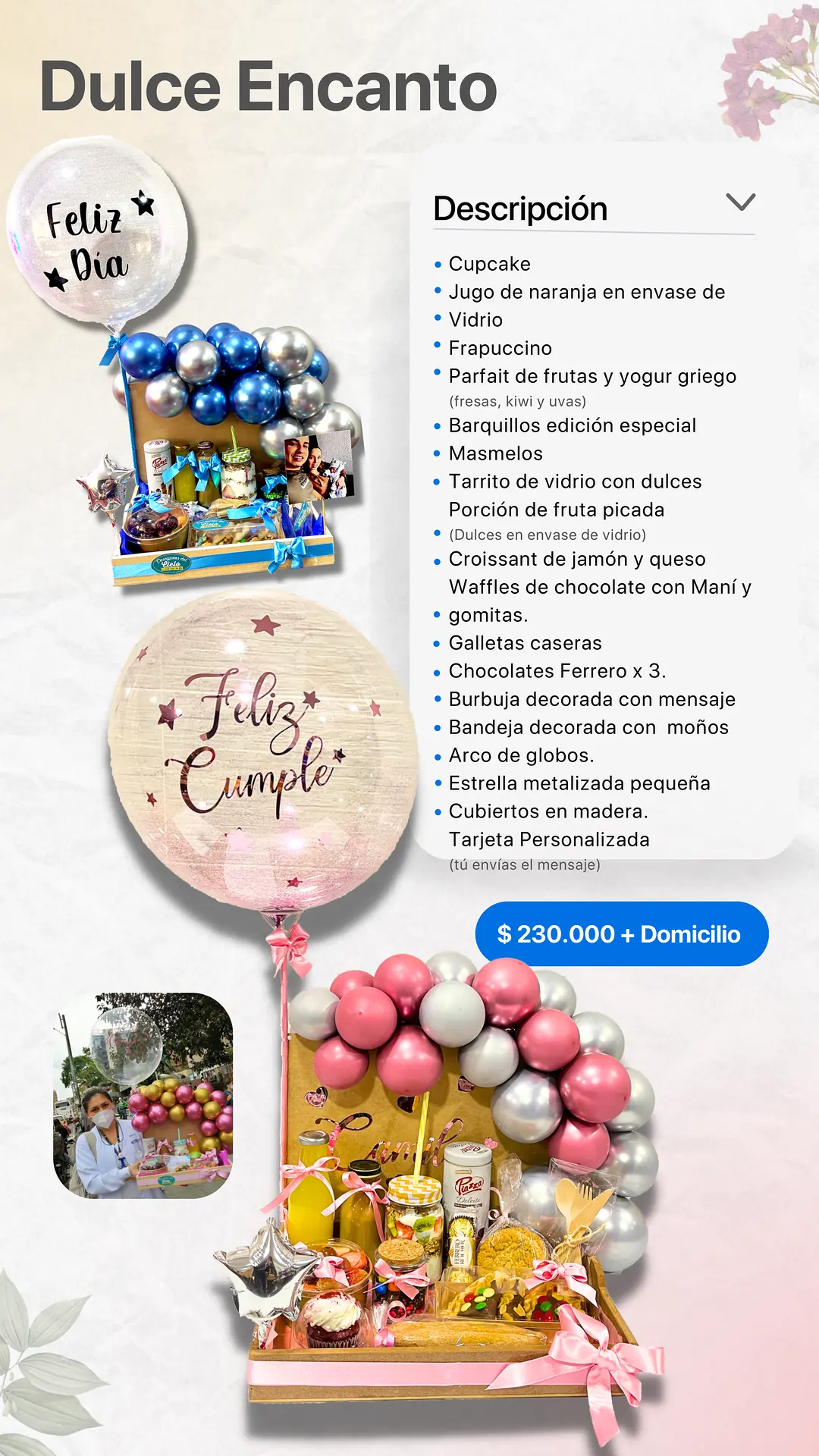 Desayuno Dulce Encanto: página del catálogo con lo que incluye y foto real