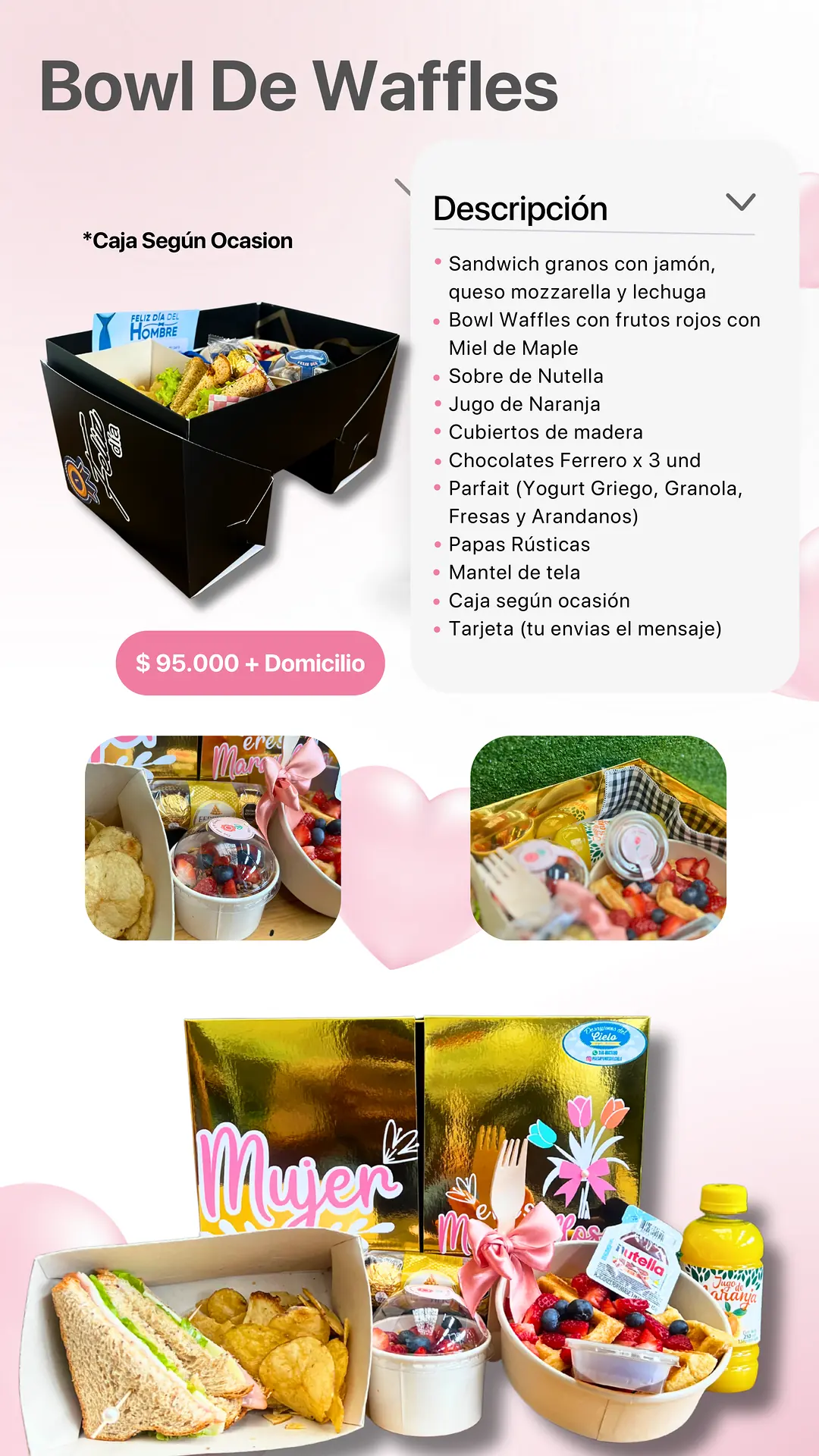 Bowl de Waffles: página del catálogo con lo que incluye y foto real