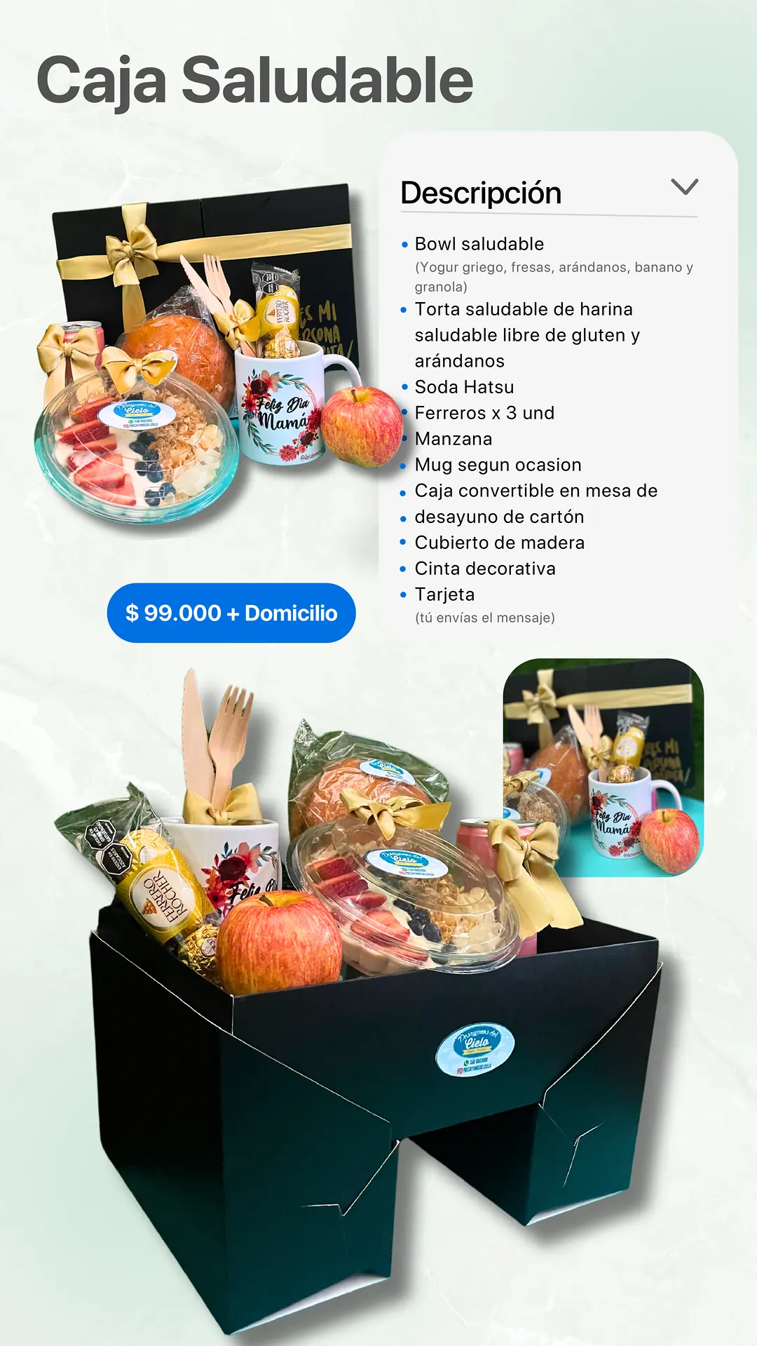 Caja Saludable: página del catálogo con lo que incluye y foto real