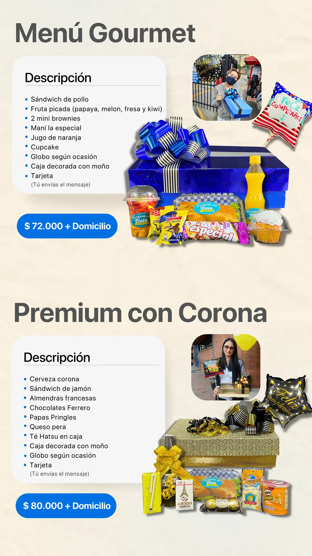 Menú Gourmet: página del catálogo con lo que incluye y foto real