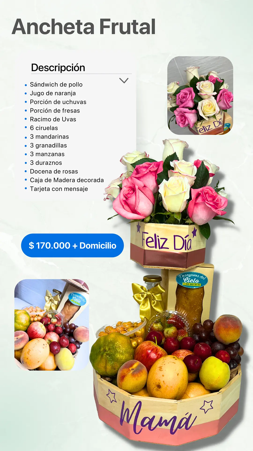 Ancheta Frutal: página del catálogo con lo que incluye y foto real