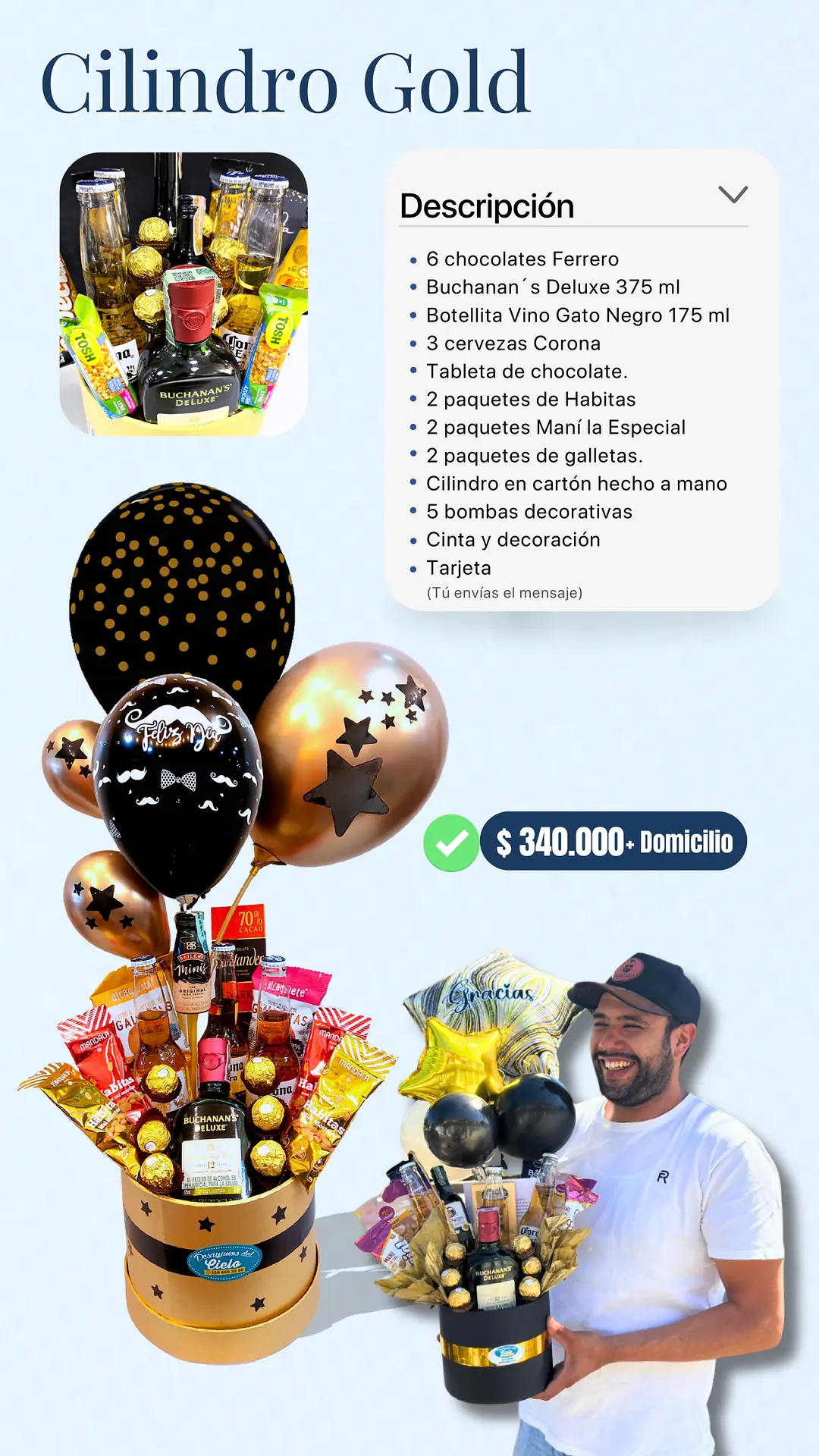 Cilindro Gold: página del catálogo con lo que incluye y foto real