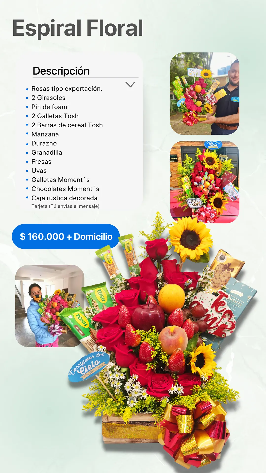 Espiral Floral: página del catálogo con lo que incluye y foto real