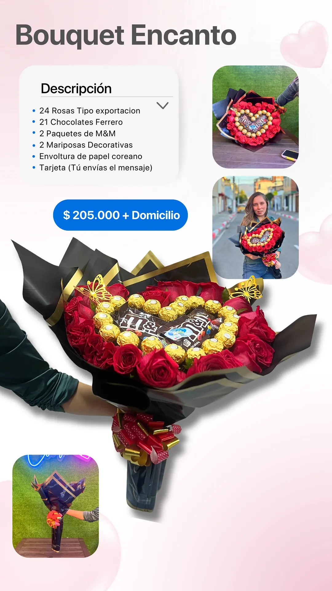 Bouquet Encanto: página del catálogo con lo que incluye y foto real