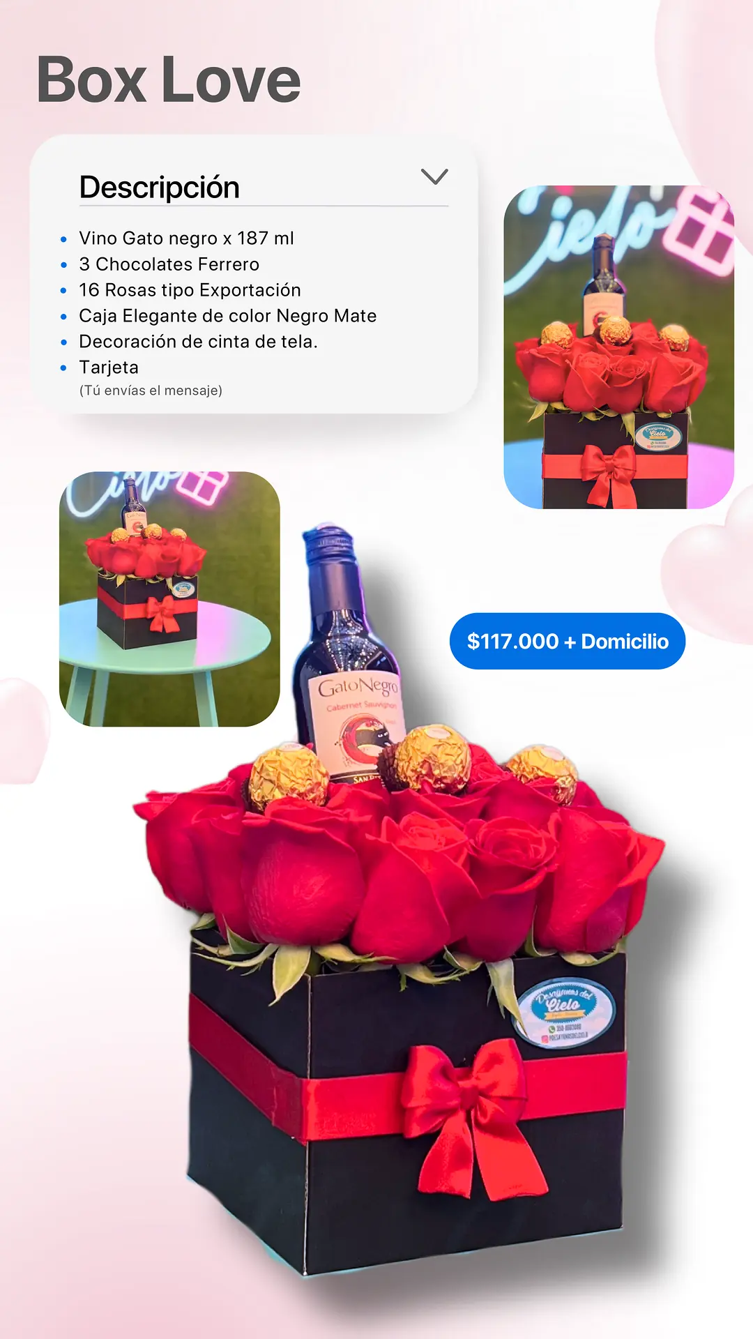 Box Love: página del catálogo con lo que incluye y foto real