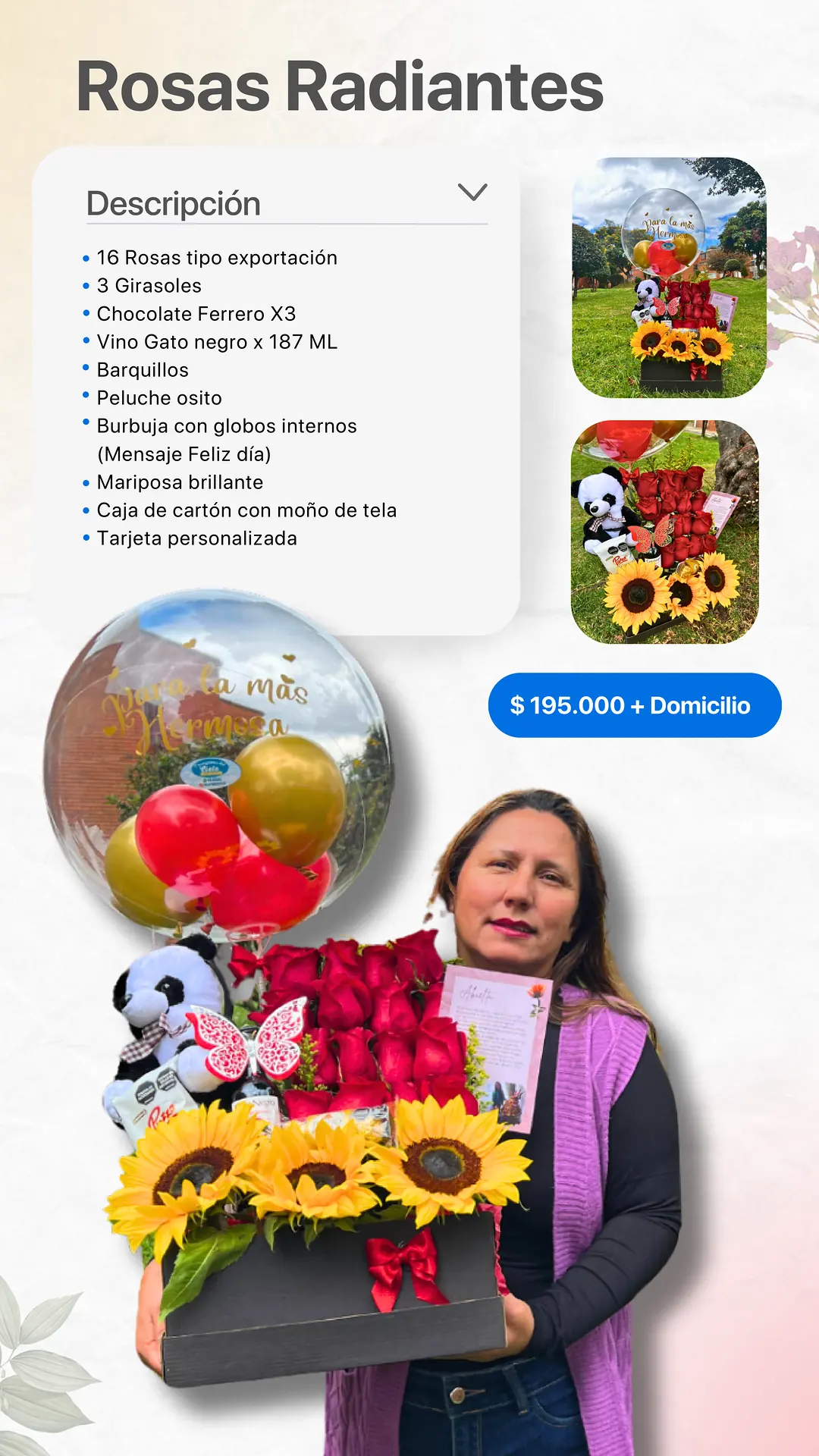 Rosas Radiantes: página del catálogo con lo que incluye y foto real