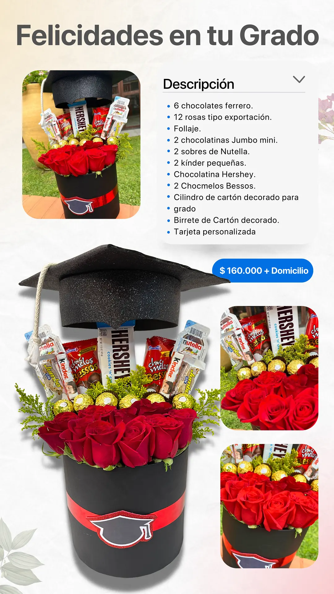 Felicidades en tu Grado: página del catálogo con lo que incluye y foto real