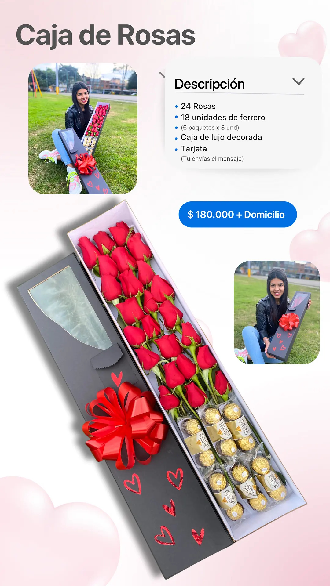 Caja de Rosas: página del catálogo con lo que incluye y foto real
