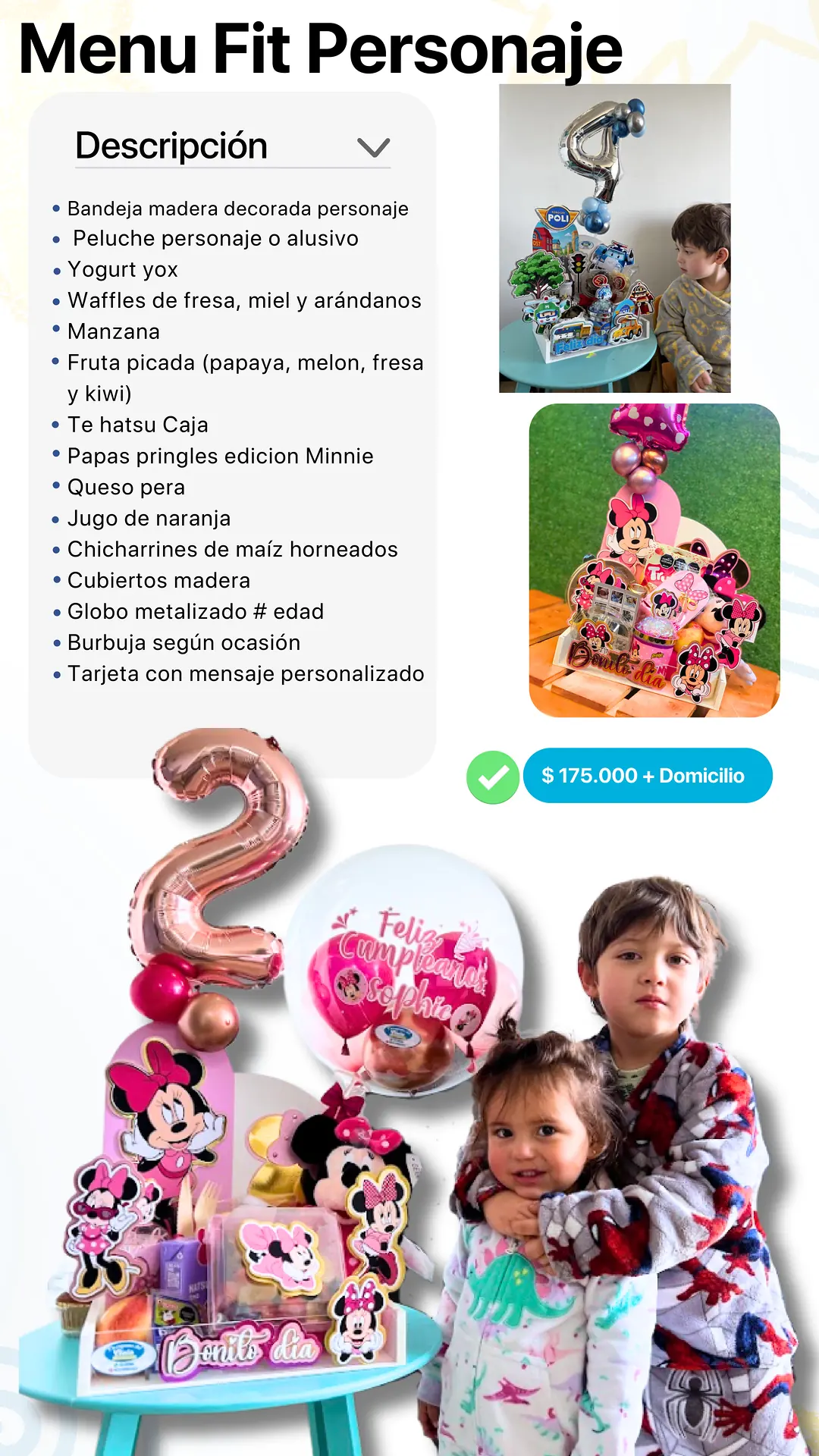 Menú Fit Personaje: página del catálogo con lo que incluye y foto real
