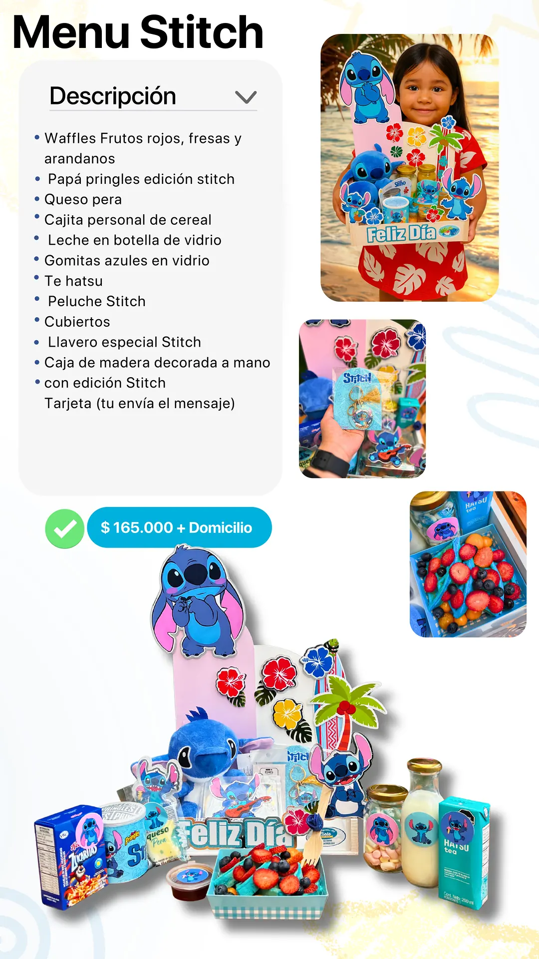 Menú Stitch: página del catálogo con lo que incluye y foto real