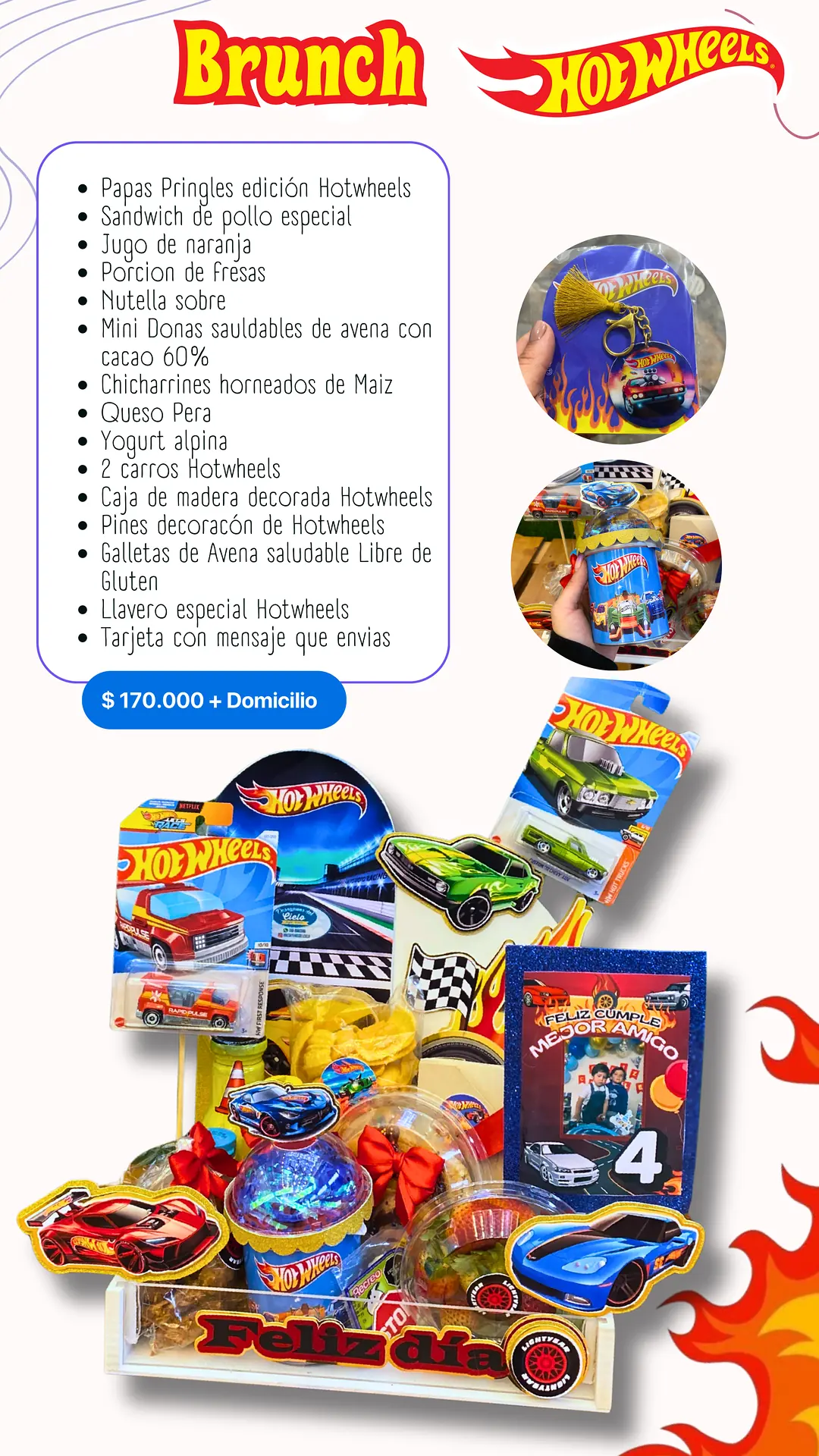 Brunch HotWheels: página del catálogo con lo que incluye y foto real