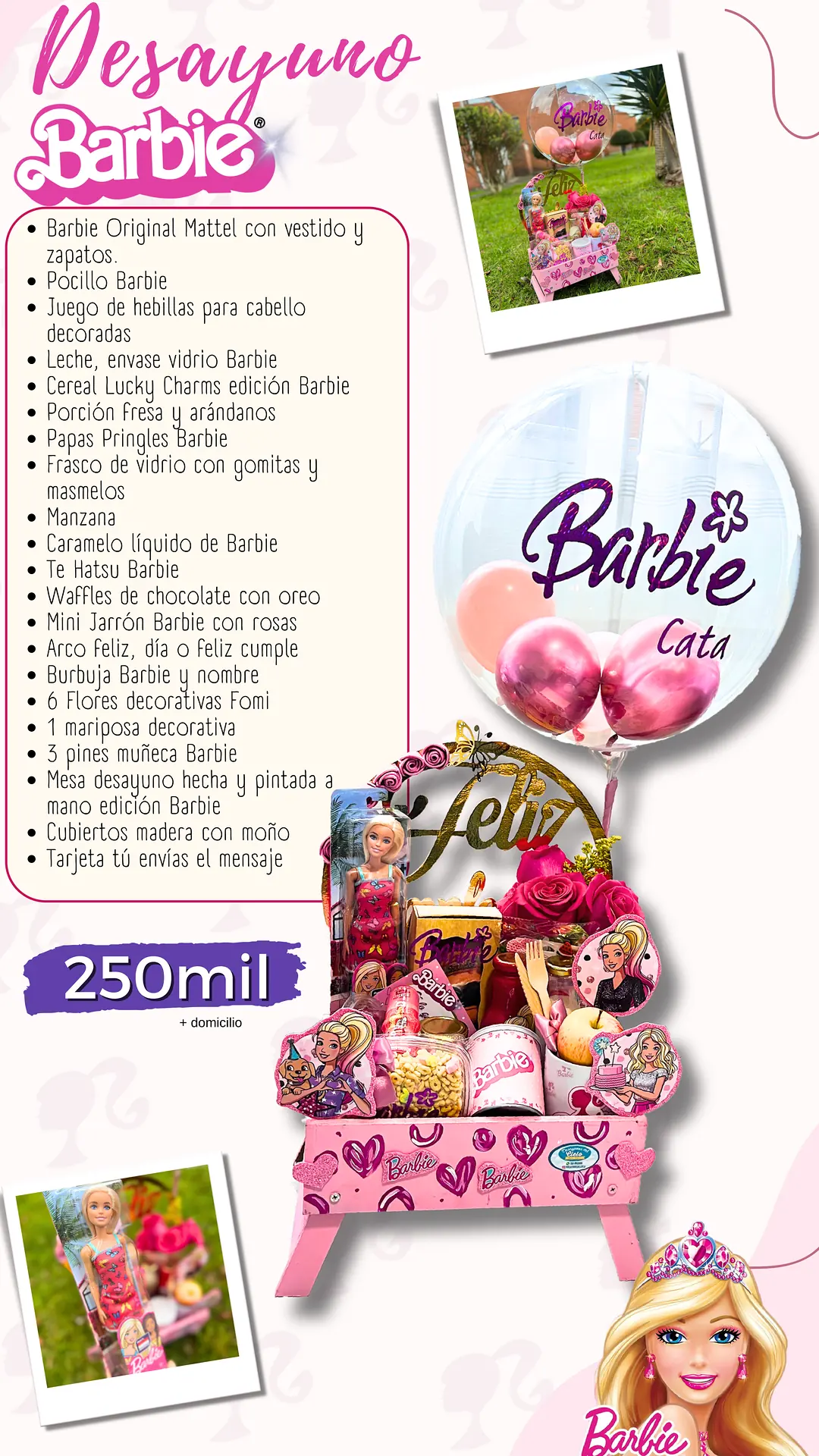 Desayuno Barbie: página del catálogo con lo que incluye y foto real