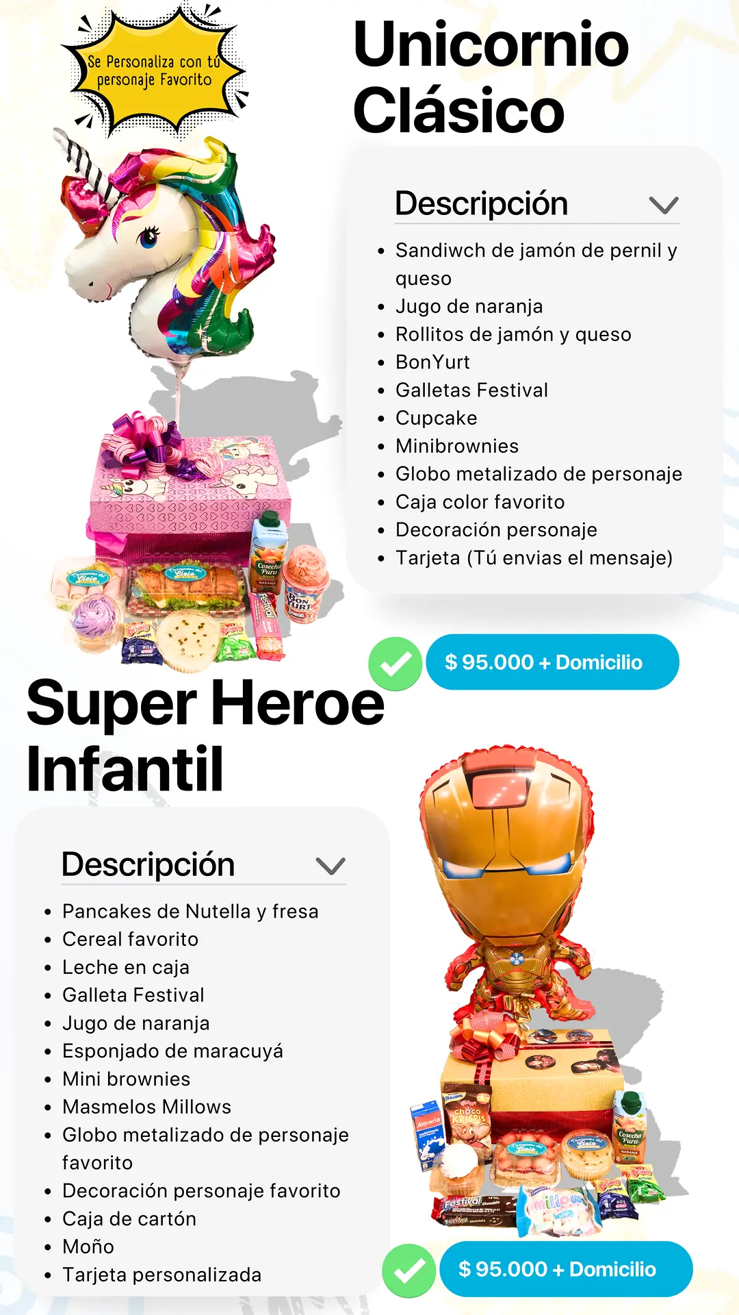 Unicornio Clásico: página del catálogo con lo que incluye y foto real