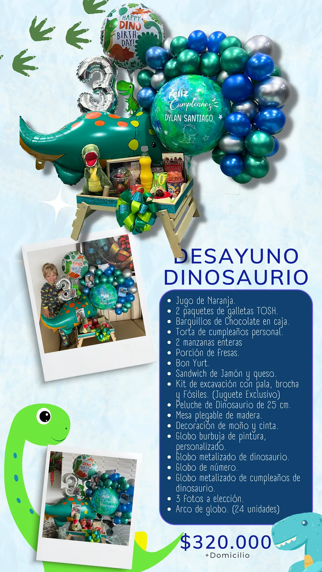 Desayuno Dinosaurio: página del catálogo con lo que incluye y foto real