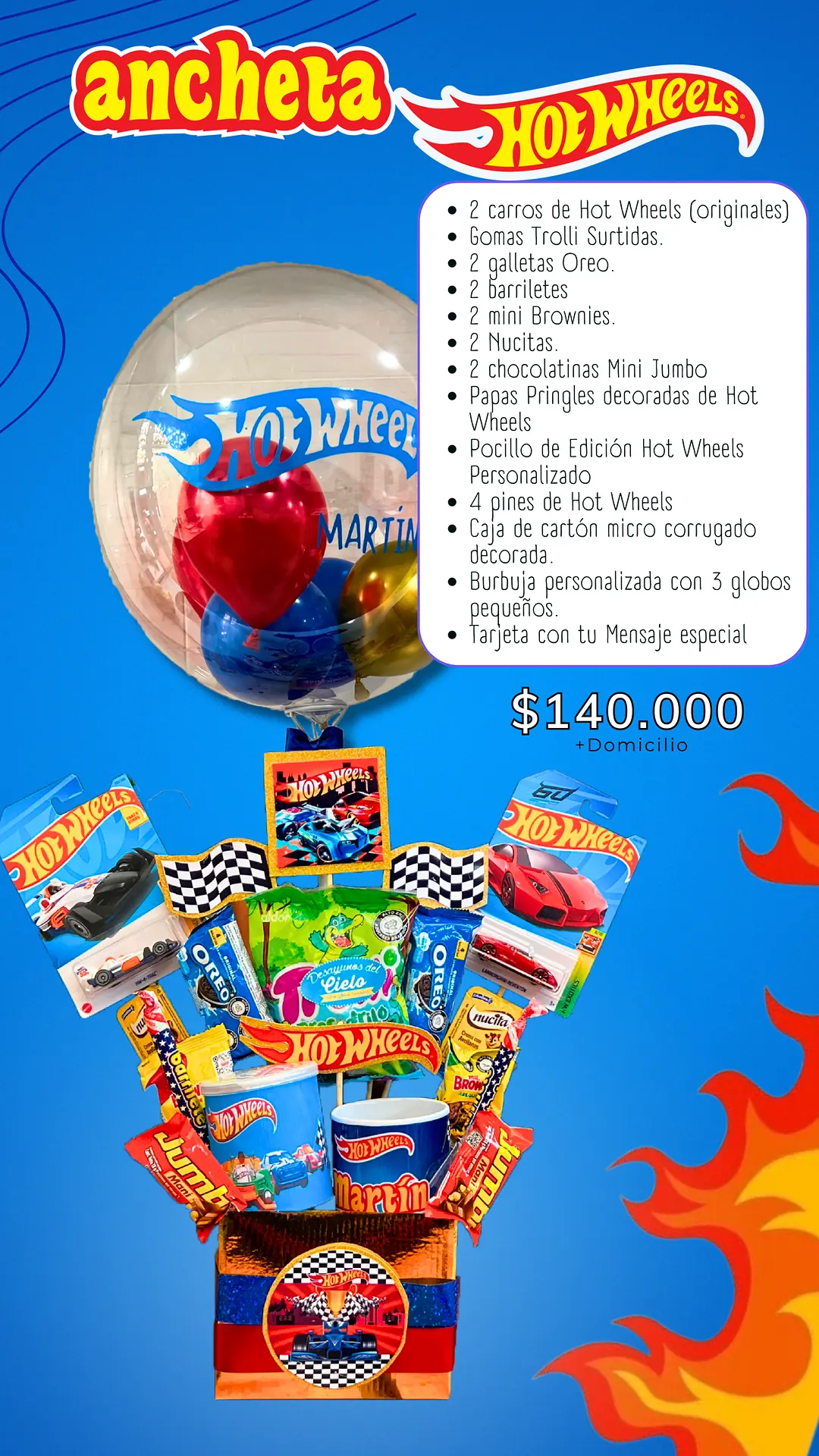 Ancheta HotWheels: página del catálogo con lo que incluye y foto real