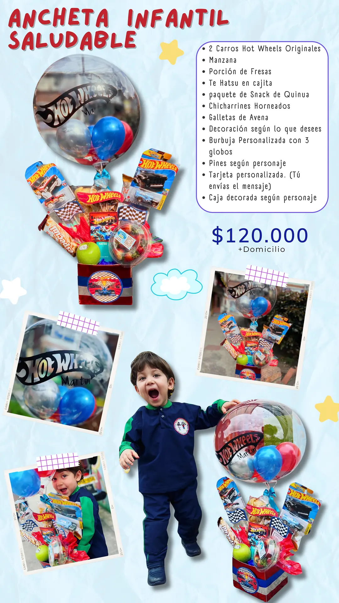 Ancheta Infantil Saludable HotWheels: página del catálogo con lo que incluye y foto real