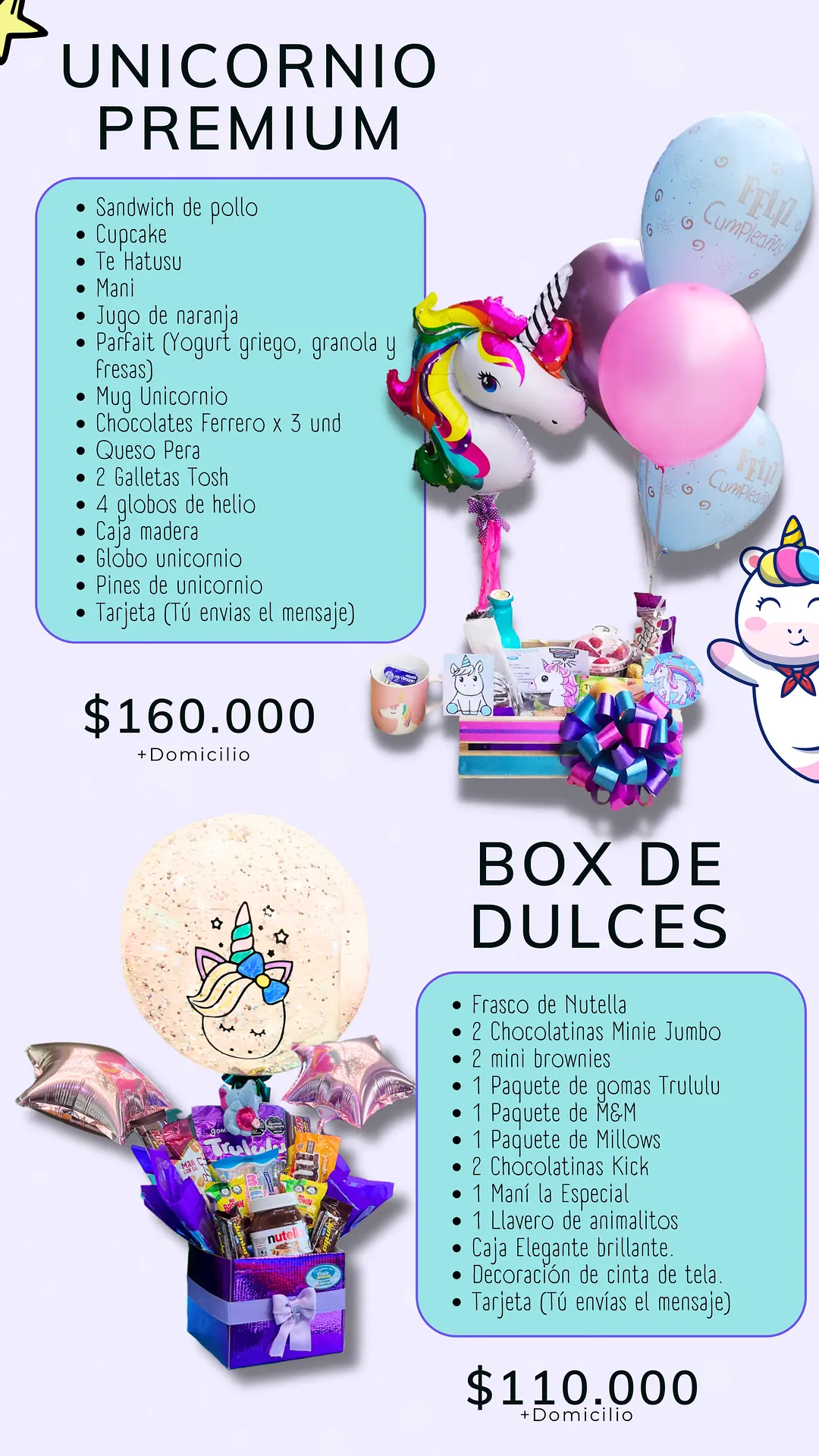 Unicornio Premium: página del catálogo con lo que incluye y foto real